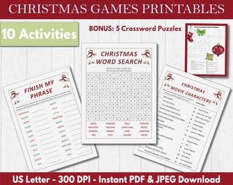 Christmas Games and Activities Printable  / 15 Pages plus answer key / 8.5x11 inches / Crossword BONUS