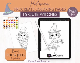 Digital Coloring Pages / Halloween Coloring Printables: Procreate Coloring Pages / Cute Witches II, 15 images, PDF, png, JPG. swatches file