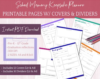 Printable School Memory Book /  Keepsake Journal / Pre-K - Graduation / Includes Covers AND Dividers: Two Sizes-8.5x11 & A4