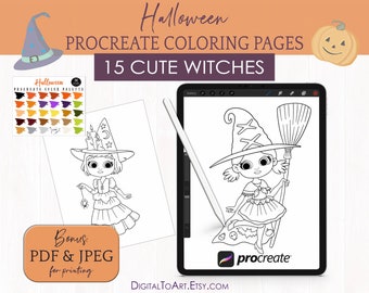 Digital Coloring Pages / Halloween Coloring Printables: Procreate Coloring Pages / Cute Witches, 15 images, PDF, PNG, JPG. swatches file
