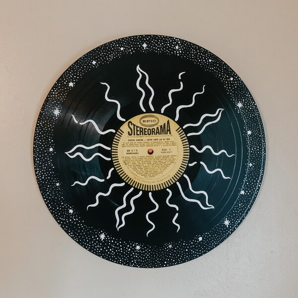 Sun and Stars Hand Painted 12 inch Vinyl Record, Wall Hanging, Celestial Decor, Space lovers, Wall Art