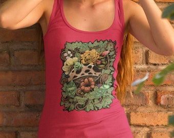 Petite aventure nature avec des grenouilles, des fleurs et des champignons Racerback Tank pour femmes