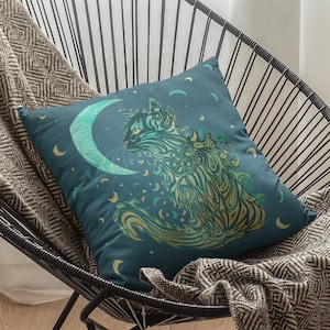 Teal Moon Kitty Faux Suede Square Pillow