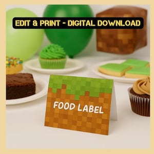 Étiquettes de nourriture pour jeu de minage - Cartes de tente imprimables pour table de fête - Décoration inspirée de Minecraft - Téléchargement immédiat