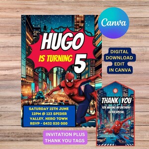 Editable Spiderman Birthday Invitation, Party Invite, customise Superhero Birthday, Party for boys, thank you gift tag