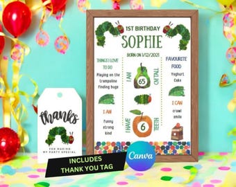 Tablero de hitos de cumpleaños de La Oruga Muy Hambrienta, decoración de fiesta editable (PDF digital)