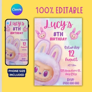 Labubu Birthday Party Invitation, Labubu Birthday Party, Invitation Template, Printable Invite, Canva Editable Template, Instant Download