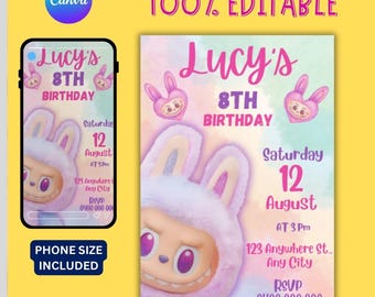 Labubu Birthday Invitation, Editable Canva Template (Digital Download)