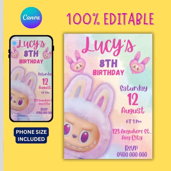 Labubu Birthday Party Invitation, Labubu Birthday Party, Invitation Template, Printable Invite, Canva Editable Template, Instant Download