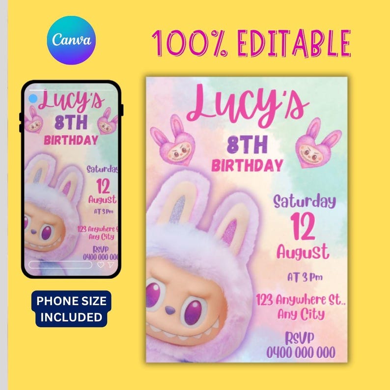 May include: Digital invitation for an 8th birthday party, featuring a cartoon character in a bunny costume. The invitation includes the text "Lucy's 8th Birthday", date, time, address, and RSVP information. The design is 100% editable and includes a phone size version.