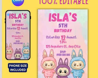 Labubu Birthday Invitation, Editable Canva Template (Digital Download)