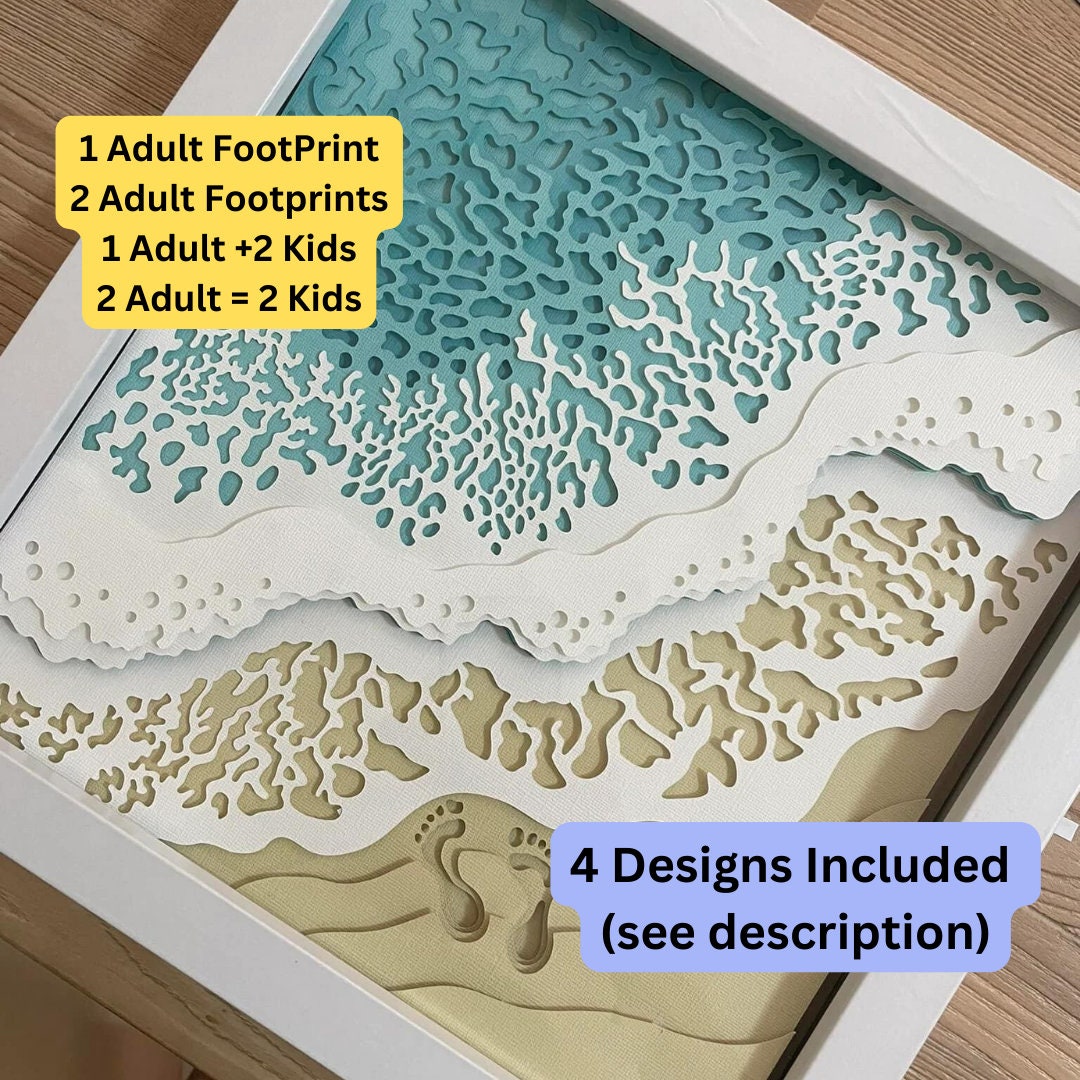 Layered Bundle 3D Ocean Waves Beach Shadow Footprints, Shadow Box SVG ...