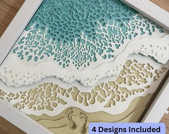 4 Bundle Layered 3D Ocean Waves Beach Shadow Footprints, Shadow Box SVG Digital