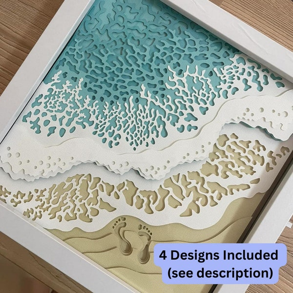 Lot de 4 empreintes de pas d'ombre de plage 3D vagues de l'océan, Shadow Box SVG numérique