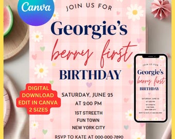 Berry First Birthday Invitation, Editable Strawberry Invite (Digital Download)