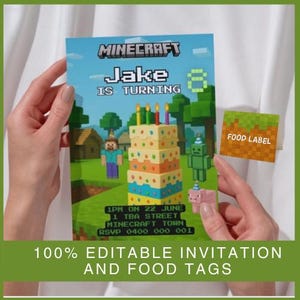 Mining Game Party Invitation & Food Labels – Printable Tent Cards for Party Table – Minecraft-Inspired Decor – Instant Download