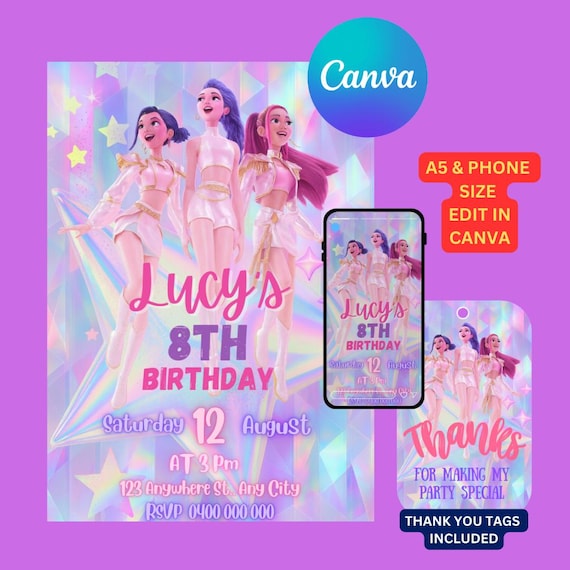 Editable Kpop Birthday Invitation, Anime Demon Hunter Theme (Instant Download)