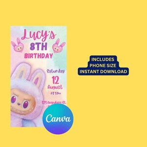 May include: A birthday party invitation featuring a cartoon bunny character. The invitation is for Lucy's 8th birthday, on August 12th at 3 PM. Includes phone size and instant download.