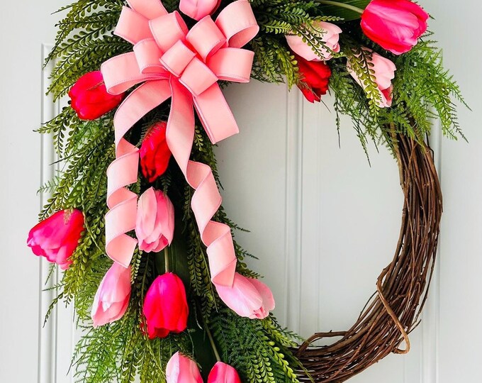 Pink Tulip Wreath With Bow, Large Spring Door Decor - Etsy