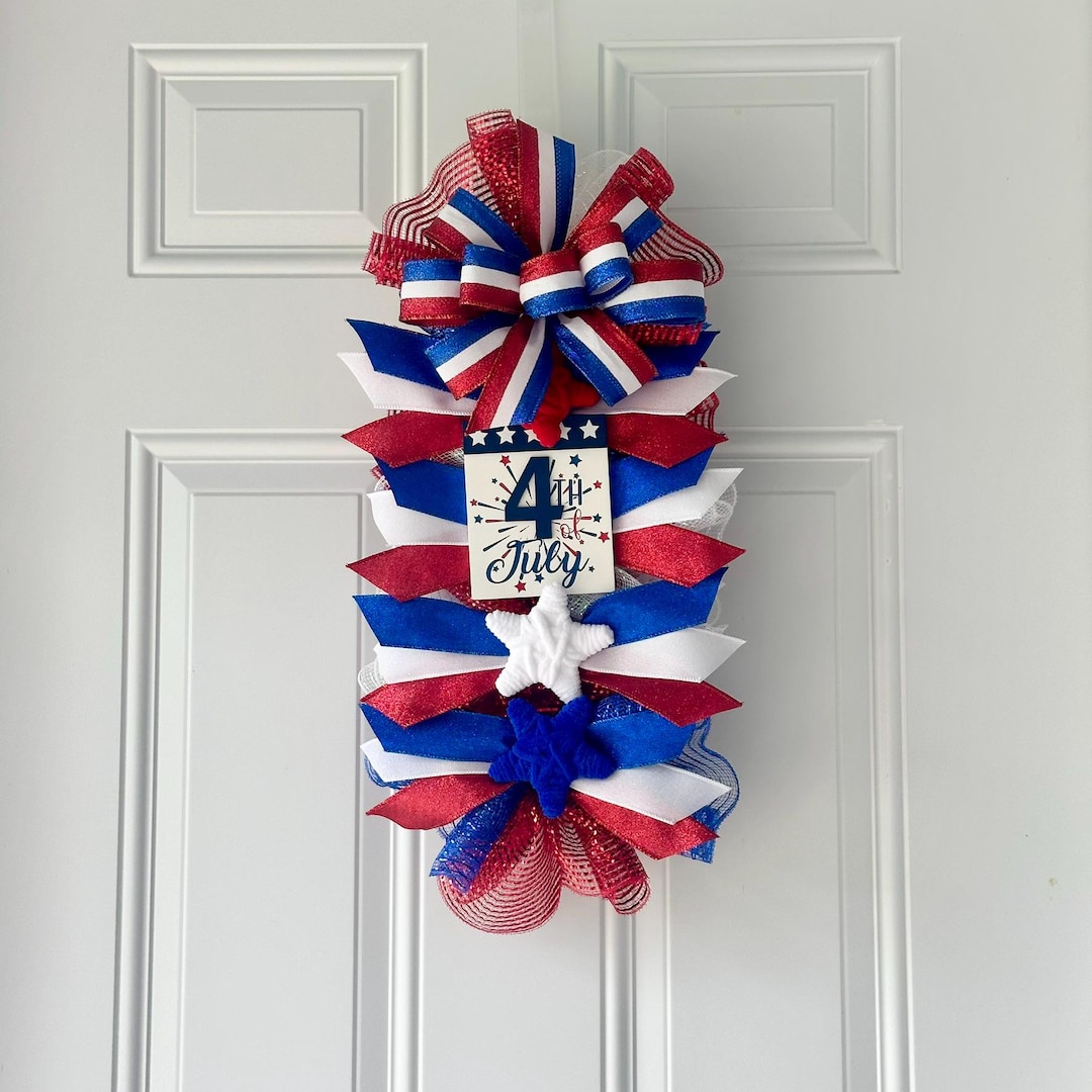 4th of July Patriotic Door Hanger, Red White Blue Swag Wreath ...
