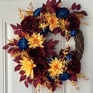 Autumn Floral Wreath, Burgundy, Blue, Yellow Fall Door Decor, Fall Wreath, Harvest Wreath, Thanksgiving Wreath, Rustic Wreath,