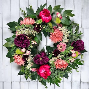 Floral Peony & Dahlia Wreath: Burgundy Plum Cottage Decor