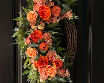 Summer Floral Wreath, Orange Peony Wreath, Everyday Front Door Decor, Vertical Grapevine Wreath, Farmhouse Entryway