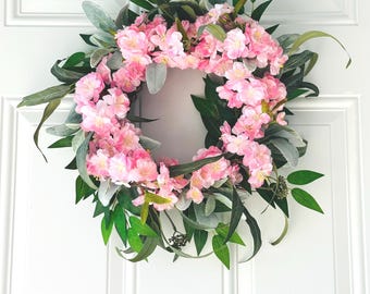 Pink Cherry Blossom Wreath, Spring Floral Door Decor, Cottagecore