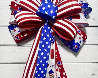 Patriotic Wreath Bow, Red White Blue Patriotic Bow: Americana Stars Stripes Lantern Wreath Decoration