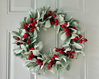 Winter Front Door Wreath, Lamb's Ear Wreath: Red Berry Christmas, Farmhouse Winter Decor Homeware Decor