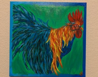 Blue Rooster, original rooster 14x14 painting