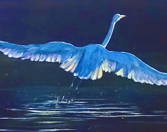 Graceful water bird Acrylic Portrait, 12x24 “Grace on the Wing”