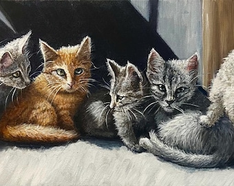 Kittens in the Barn, original 10x20 acrylic painting