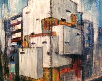 Textured Cube Building Painting: Acrylic on Canvas
