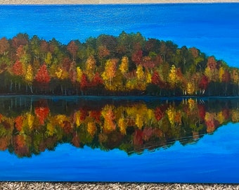 Original painting “Fall Pond” 12x24 colorful reflection of amazing fall colors against a bright blue sky
