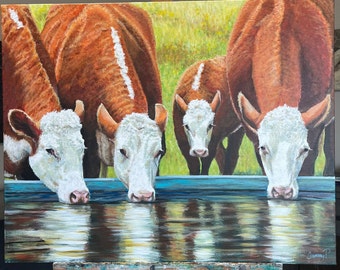 At The Tank, original Hereford cattle ranch painting