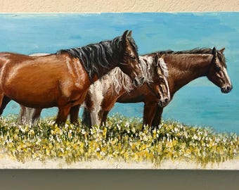 Wild Horses Acrylic Portrait: Nevada Landscape, Wildflowers, 12x24