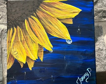 Sunflower on Blue #6, original acrylic flower painting, 12x12