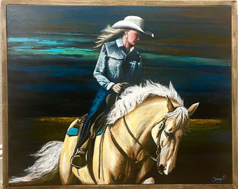 Palomino horse with blonde rider "Two Blondes" 24x30 Cowgirl painting with custom rustic wooden frame