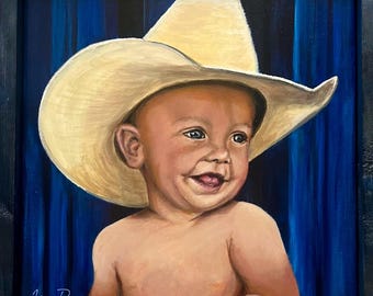 Just Like Dad, 14x14 acrylic portrait of little cowboy