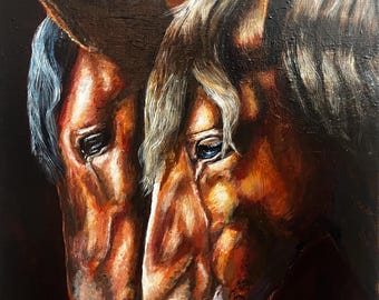 Bonded Pair, 16x20 acrylic of two horses on dark background