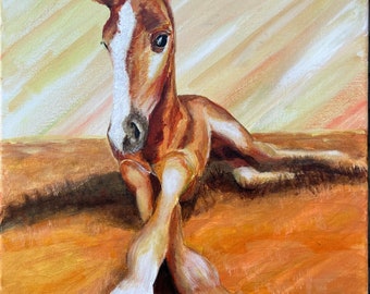 Original horse painting “Born Sassy” 16x20 acrylic of a cute, sassy foal, unframed.