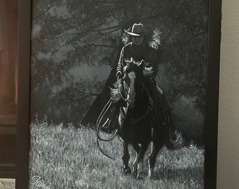 Original unframed western acrylic 16x20 painting "Dark Horse, Bright Sunshine"