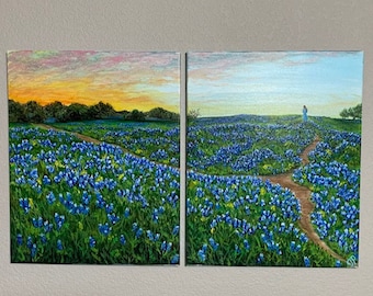 Two piece Texas Bluebonnet sunset painting, "Sunset From A Sea of Blue"