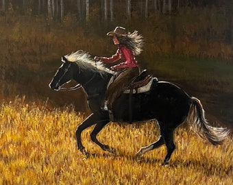 Cowgirl in Aspens western painting, 20x24 acrylic “Morning Aspen Ride”