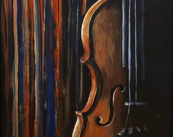 Strings and Shadow, violin painting in custom wooden frame