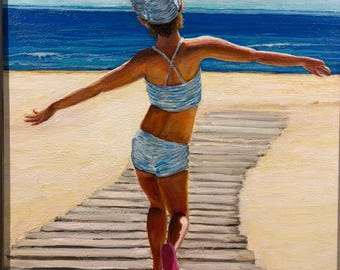 Can You Feel Her Joy , 16x20 acrylic of a young girl at the beach