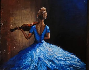 Solo violinist in blue, 12x12 painting in custom wooden frame