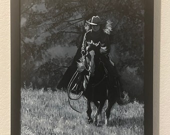 Original unframed western acrylic 16x20 painting "Dark Horse, Bright Sunshine"