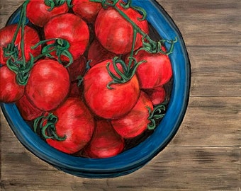 From Mama's Garden, fresh tomatoes in a blue crock, 16x20 canvas